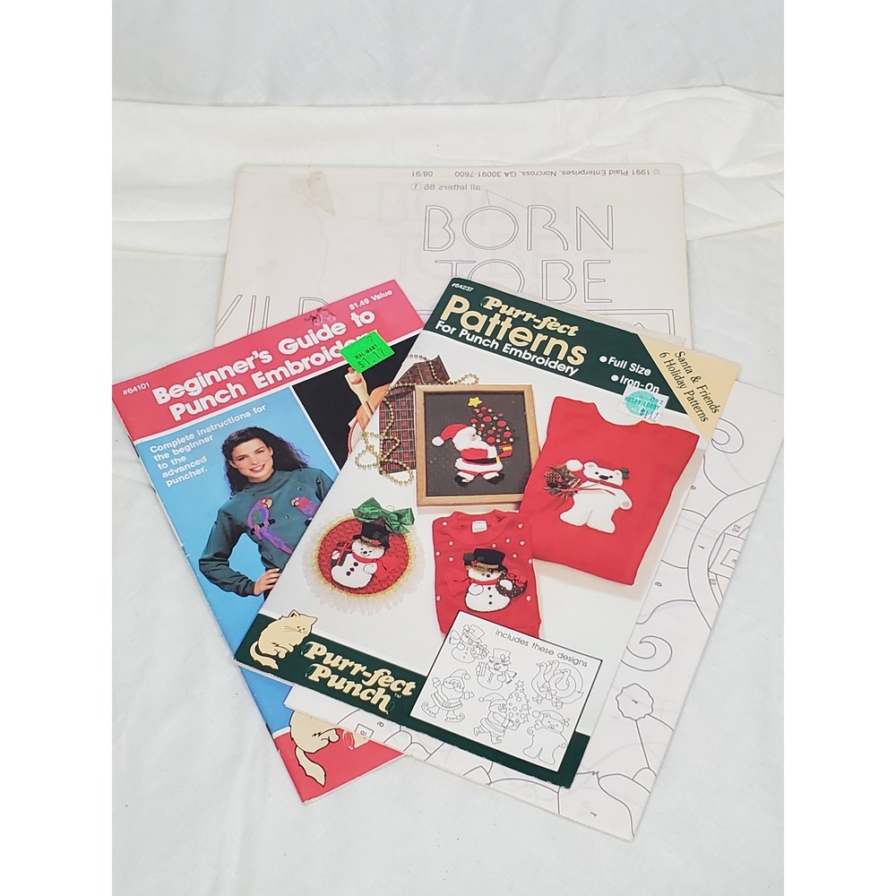 Vintage Purr-fect‎ Punch Embroidery Guide and Santa Holiday Patterns Plaid 1989